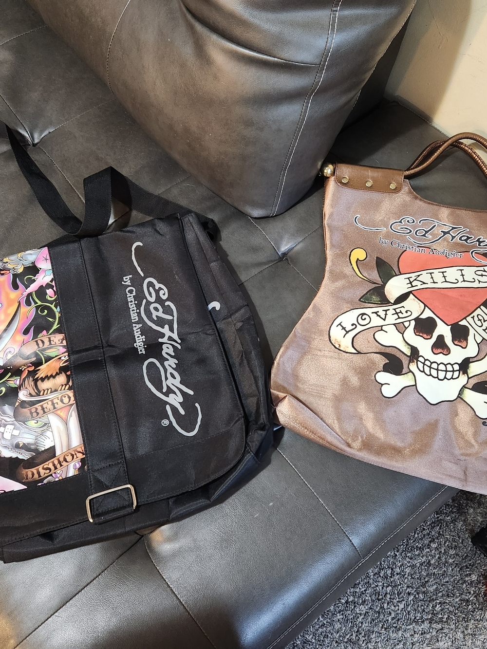 2 Vintage Ed Hardy Brown Skull Shoulder Bag with Black Messenger Accent